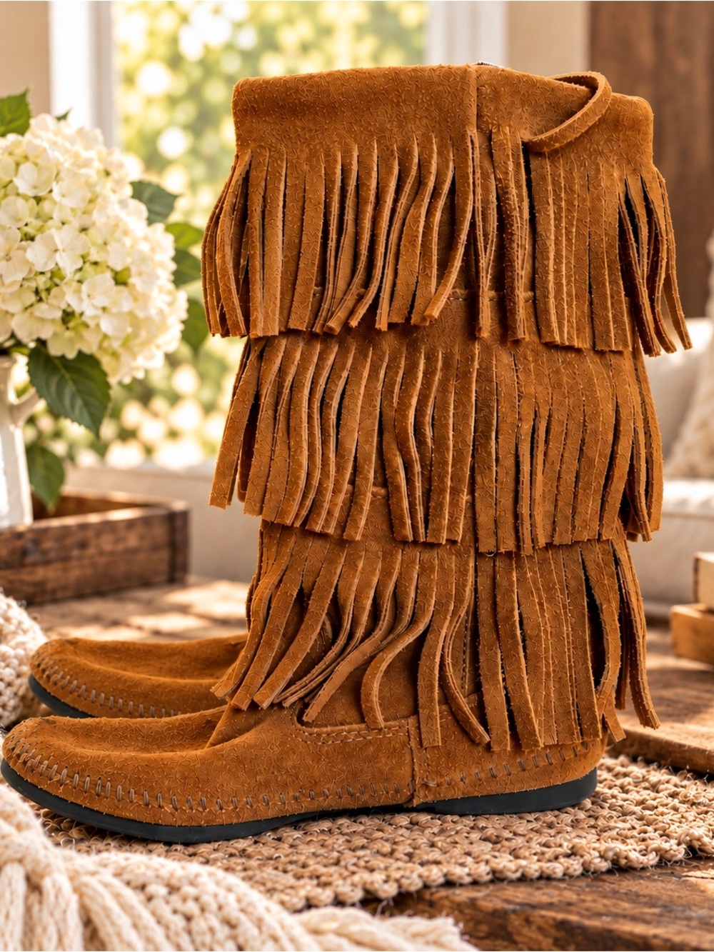 Minnetonka 1632 Brown Suede 3 Layer Fringe Moccasin Boots Boho Western - Picture 4 of 12